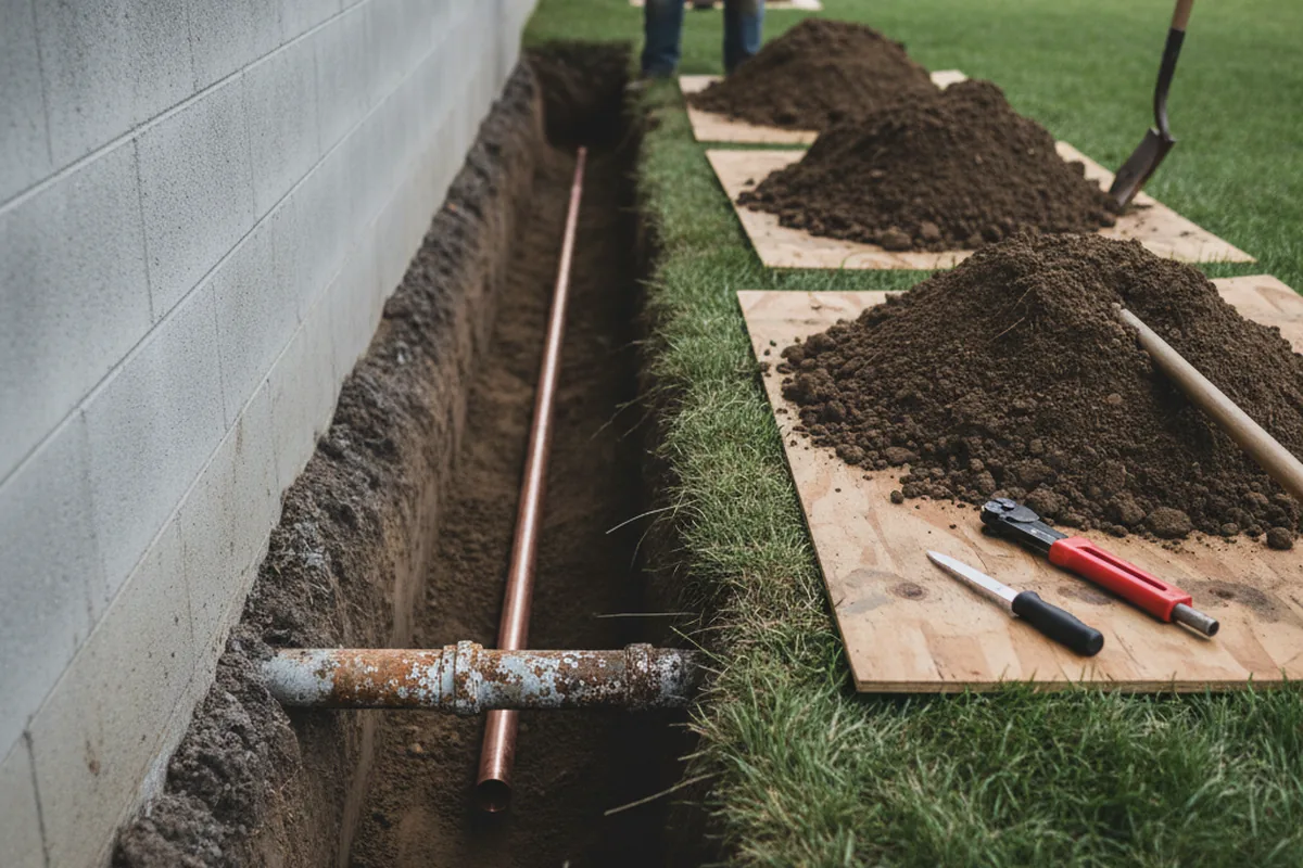 Excavated water line trench during Sewer Line Repair in Oneill